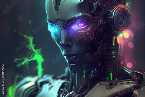 Portrait of Humanoid Cyborg  close up Illustration of a Metallic Robot. Generative AI. 
