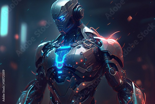 An illustration of an advanced metallic humanoid warrior cyborg, showcasing futuristic technologies. Generative AI.  © Mr.Everrest
