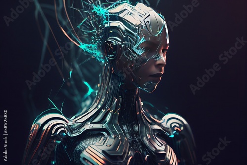 Portrait of half-robotic android, merging science and technology with human imagination, reflecting the concept of futuristic evolution. Generative AI.