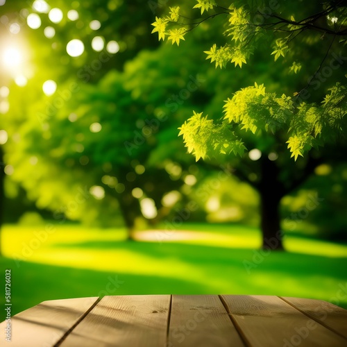 cherry branches, wooden table, in a green garden, with defocused bokeh light and glare effect, spring background, fantasy, generated in AI