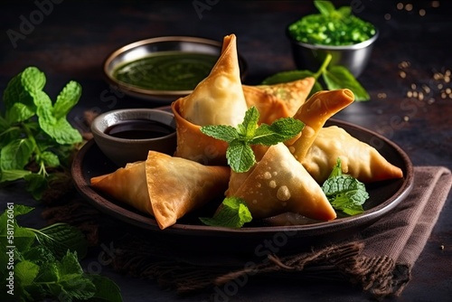 Indian dish, samosa with fresh mint dipping sauce. Generative AI photo