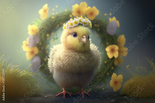 A yellow chicken in a wreath of flowers stand nearby arch of grass and flowers