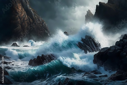 Slika na platnu An image of a rocky shoreline, with crashing waves and dramatic cliffs
