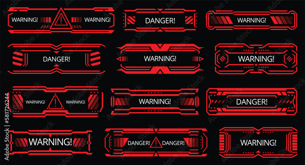Hud danger alerts. Attention vector red interface signs, warning and ...