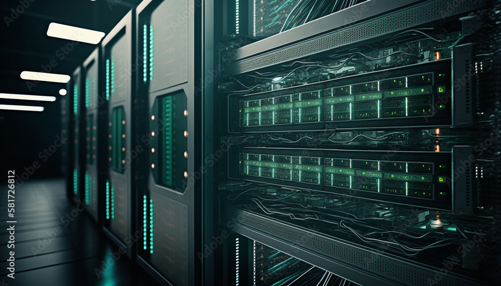 Dark server room with rows of servers. 3d rendering toned image double exposure. AI generated Dark server room with rows of servers. 3d rendering toned image double exposure. AI generated