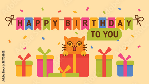 Happy Birthday to You. Cat in gift box. Greeting card