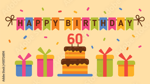 Happy Birthday. Cake with inscription 60 years. Greeting card