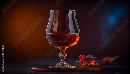 Glass of brandy or cognac with ice and spoon on dark background.generative ai