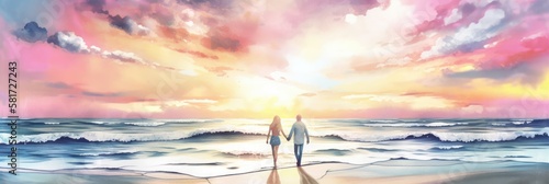 Couple holding hands on the beach, sunset golden hour, vast panoramic cloudscape, summer vacation, in love enjoying the moment, standing on the shore - generative AI 