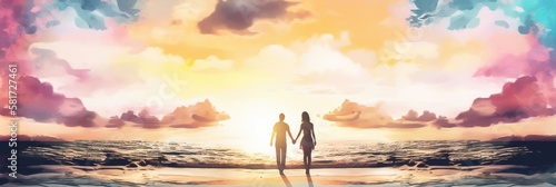 Couple holding hands on the beach  sunset golden hour  vast panoramic cloudscape  summer vacation  in love enjoying the moment  standing on the shore - generative AI 