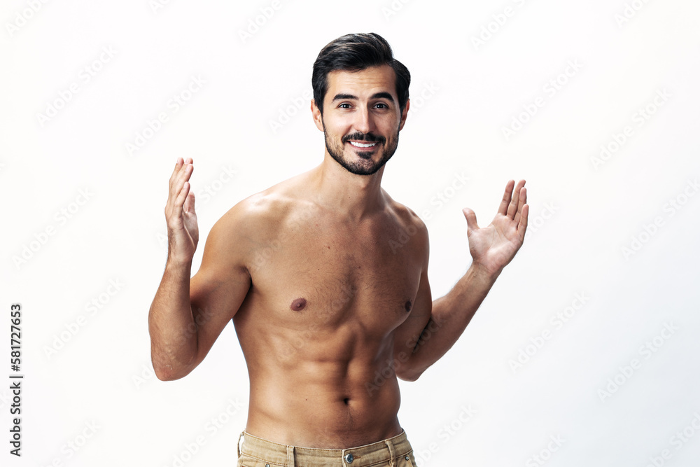 Male athlete model with naked torso and packs of abs sporty on white isolated background, trendy clothing style, copy space, space for text Male athlete model with naked torso and packs of abs sporty on white isolated background, trendy clothing style, copy space, space for text