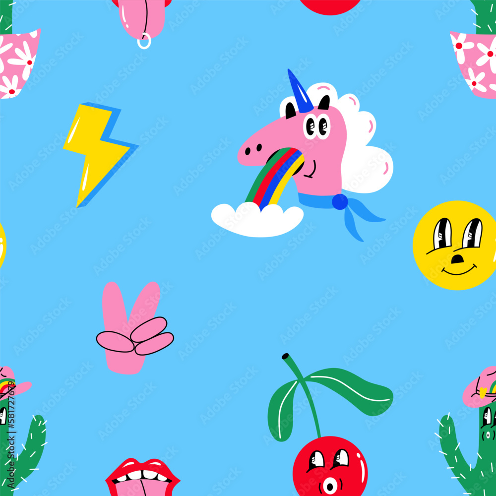 Groovy seamless patterns. Cartoon funky print with unicorn, cactus, cowboy, tongue, cherry. Retro 70s background. Vector illustration for wallpaper, paper, factory, packaging, textile.