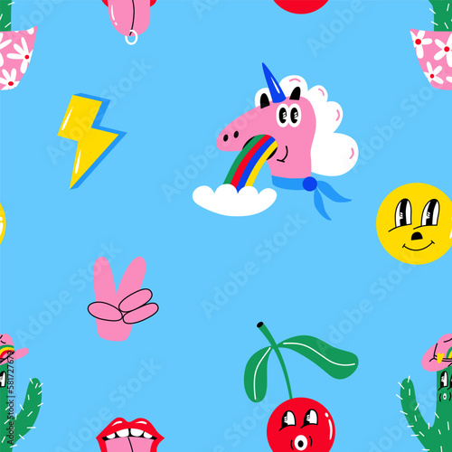 Groovy seamless patterns. Cartoon funky print with unicorn  cactus  cowboy  tongue  cherry. Retro 70s background. Vector illustration for wallpaper  paper  factory  packaging  textile.
