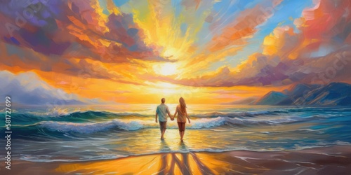 Couple holding hands on the beach, sunset golden hour, vast panoramic cloudscape, summer vacation, in love enjoying the moment, standing on the shore - generative AI  © SoulMyst