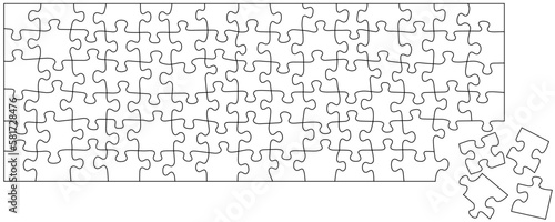 White editable puzzle pieces jigsaw parts with black frame on separate layouts. 