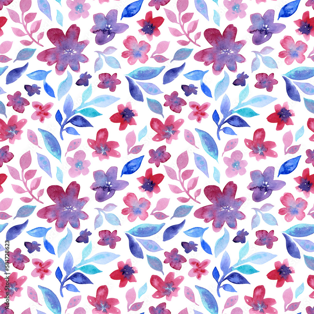 Seamless pattern of watercolor pink flowers and blue leaves. Hand drawn illustration. Botanical hand painted floral elements on white background.