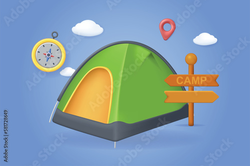 Camping tent concept 3D illustration. Icon composition with touristic tent, compass, direction signpost and location. Outdoors resting at forest and hiking. Vector illustration for modern web design