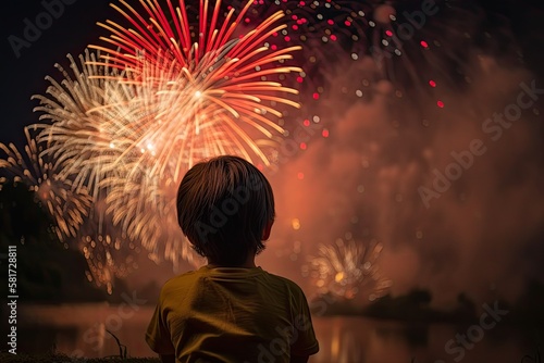 young child viewing fireworks. Generative AI