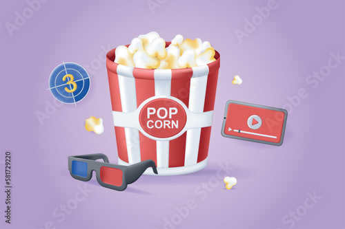 Popcorn in cinema concept 3D illustration. Icon composition with popcorn in bucket, movie glasses, video player in mobile phone screen, show entertainment. Vector illustration for modern web design