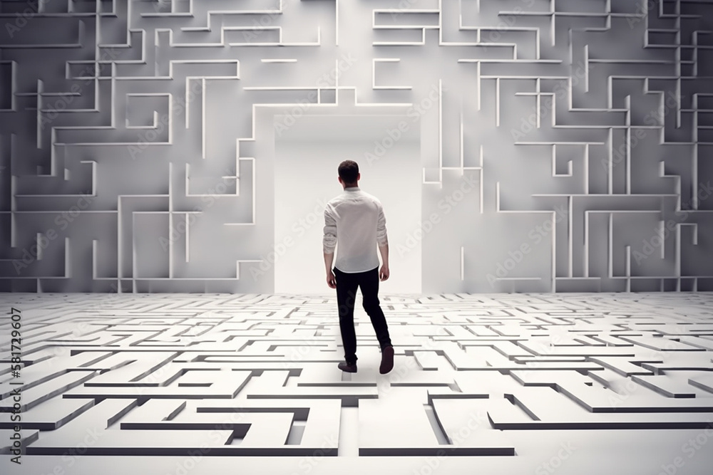 Man walking into big labyrinth. Finding solution concept. Generative ai. Man walking into big labyrinth. Finding solution concept. Generative ai.