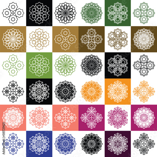 Vector set of abstract mandala design illustrations, ornaments in ethnic style. Islamic border background