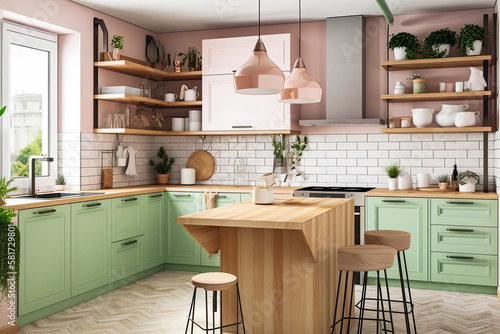generative ai of a pastel colored modern kitchen