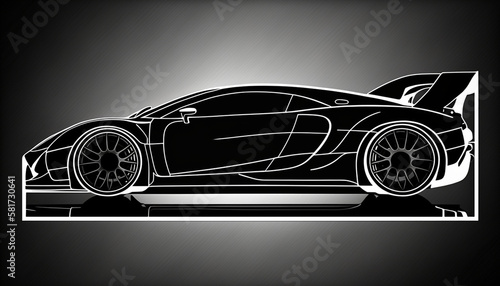 illustration of sport car in black and white colors on black background. AI generated