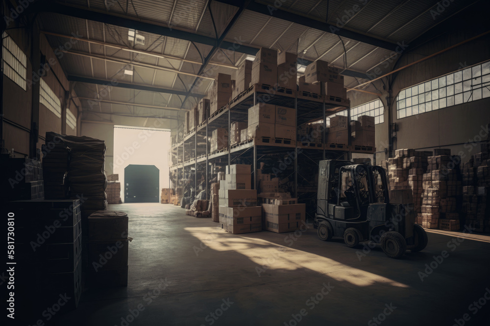 large warehouse full of goods and with lifting equipment. Generative AI