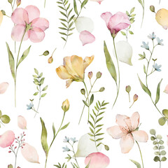 Wandcirkels Aquarel prints patronen Blossom spring flowers seamless pattern fabric background, textile or wallpapers in provence style. Floral pattern with abstract flowers, leaves and berries. Watercolor illustration.  © BloomPix