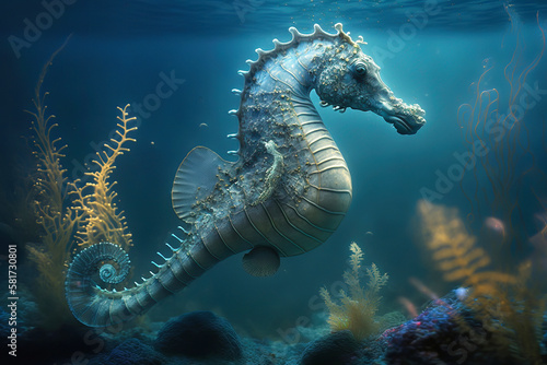 Seahorse fish in a coral reef, illustration generative AI © emilio100