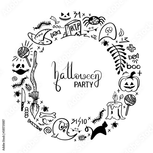 Vector hand drawn background. Set Halloween pictures in doodle style. Line art illustrations