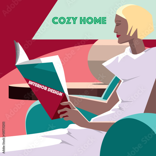 vector flat illustration of a living room interior with an armchair, table nearby and a lamp on it and a blond woman sitting and reading magazine . Cozy home concept.