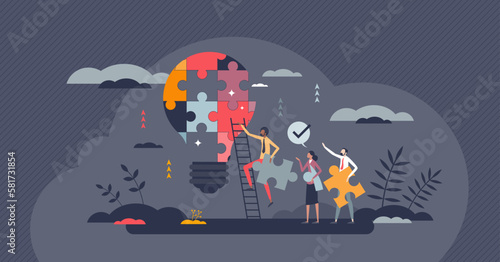 Innovation and new idea generation with creative teamwork tiny person concept. Startup development with effective brainstorm from partnership, collaboration or colleagues support vector illustration.