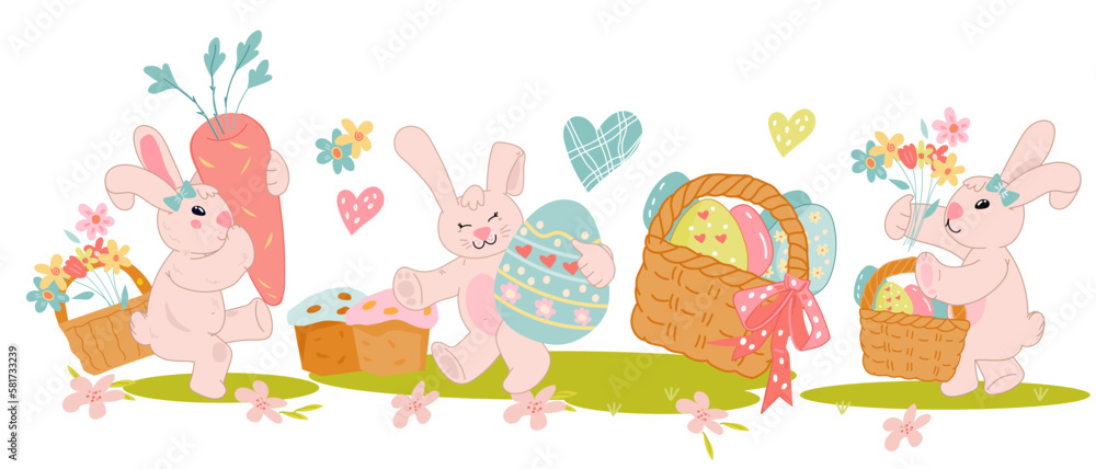 Horizontal composition banner with rabbit holding Easter baskets and flowers, flat vector illustration isolated on white background. Horizontal composition banner with rabbit holding Easter baskets and flowers, flat vector illustration isolated on white background.