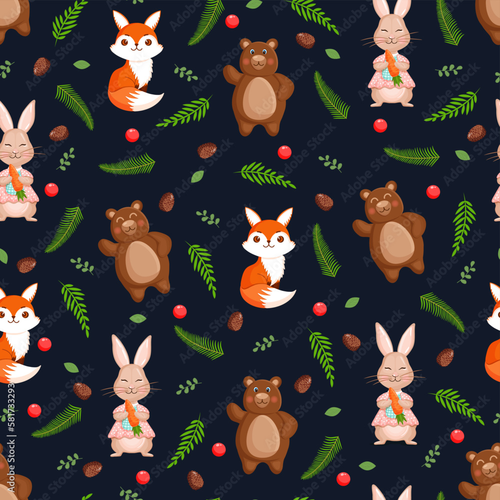 Seamless vector pattern with forest animals - bear, hare and fox with ...