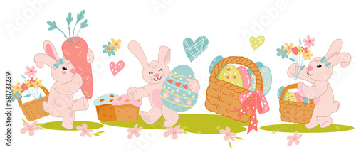 Horizontal composition banner with rabbit holding Easter baskets and flowers, flat vector illustration isolated on white background.