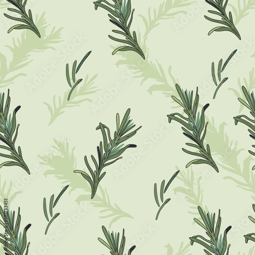 Rosemary spice and cooking herb seamless pattern, italian food and aroma herbs endless wrapping texture design, hand drawn vector illustration. Rosemary decorative seamless pattern design. © Мария Гисина