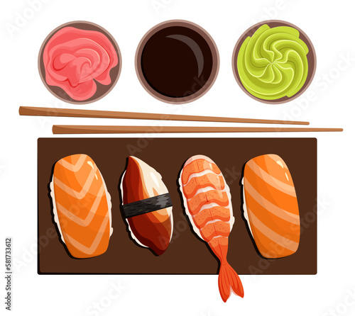A set of sushi nigiri. Japanese cuisine.
