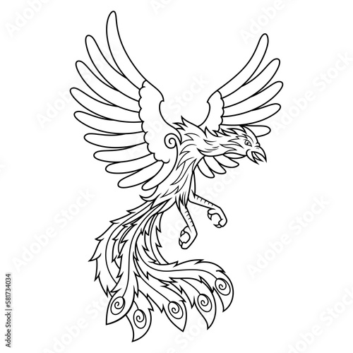 Hand drawn of phoenix line art