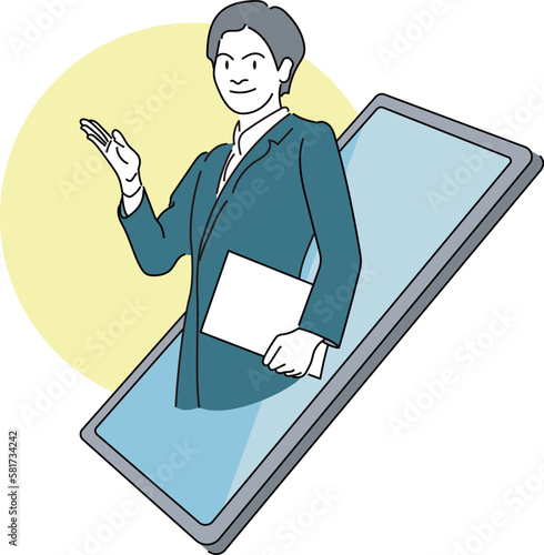スマホからあらわれ案内するビジネスマン
