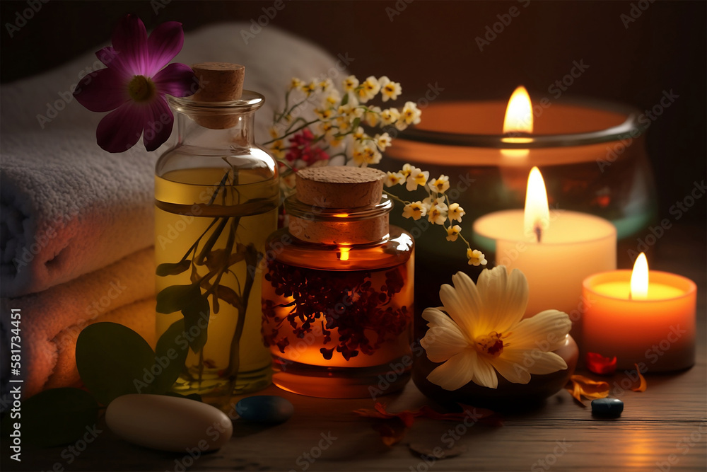 Composition of spa treatments in cozy atmosphere. Generative ai Composition of spa treatments in cozy atmosphere. Generative ai