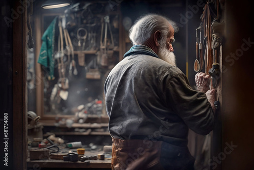 Old man with white beard working in his carpentry room - Ai generative © Giordano Aita