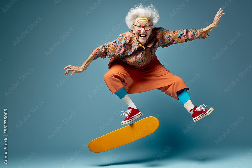 Acrobatic cute happy and smiling granny jumping with the skateboard - Ai generative - obrazy, fototapety, plakaty 