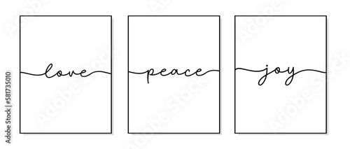 Love, Peace, Joy poster. Minimalist quote art. Lettering typography quote poster. Design workplace frame. Set of 3 prints with love, peace, joy. Wall art bedroom, home decor.