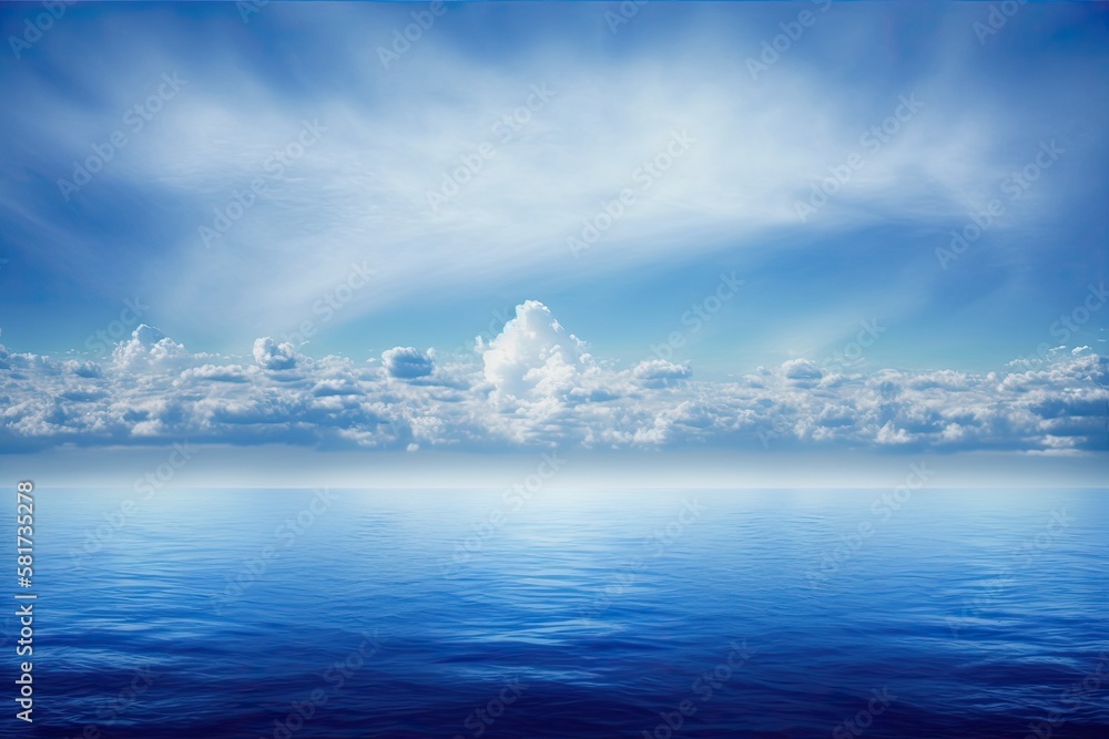 Fototapeta premium cloudy blue sky fading to the horizon above a blue ocean's surface. Generative AI