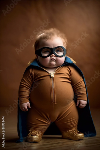 Very little funny fat baby, dressed in a superhero's suit, ready to do heroic act - Ai generative photo