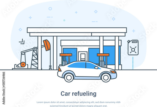 Car refueling with gasoline, diesel or gas at filling station. Fuel and gas petrol station, car service, shop. Sale of fuel and engine lubricants for motor vehicles thin line design