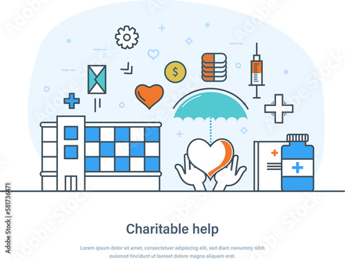 Charitable help, charity and help for people and children. Assistance, charitable care for needy, elderly, disabled people. Voluntary donations to people in need thin line design
