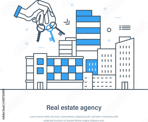 Real estate agency, property sale, purchase, investments to housing. Construction, investment, online buying, renting. House searching, real estate landing page thin line design
