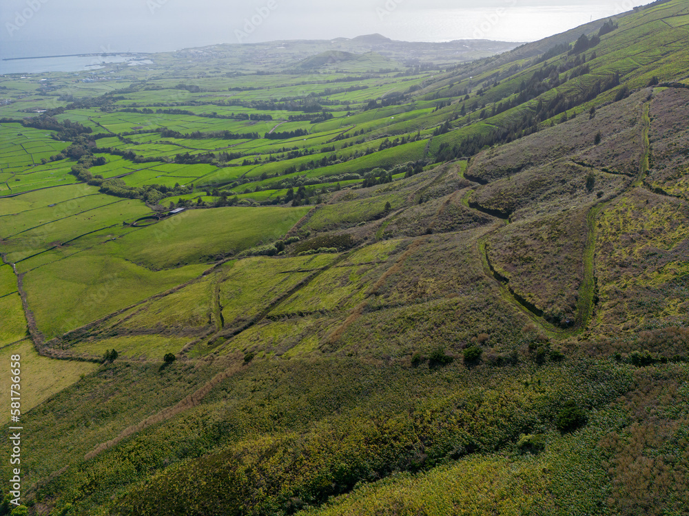 Terceira Aerial View. Beautiful Green Terceira Island Landscape near Serra do Cume, Azores Archipelago, in Atlantic Ocean, Portugal.